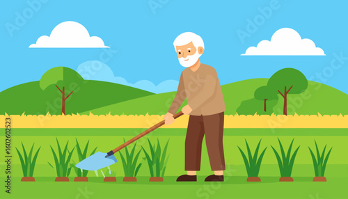 Flat illustration of a cheerful elderly farmer with a white beard tending his crops with a hoe.