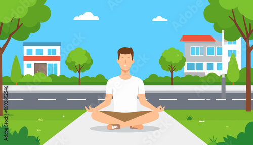 A serene man with brown hair and closed eyes meditating in a lotus pose, wearing a white t-shirt.
