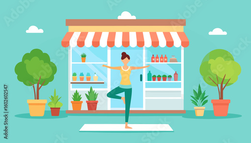 A slender woman with a brown bun in a yoga tree pose, wearing a yellow top and green leggings.