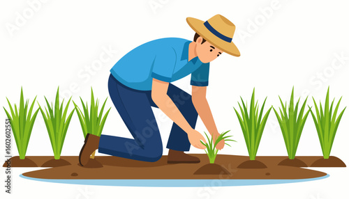 A farmer in a blue shirt and straw hat, kneeling to plant rice seedlings in a muddy paddy field.