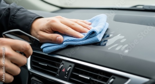 Wallpaper Mural Cleaning car dashboard with cloth and spray in close-up detail Torontodigital.ca