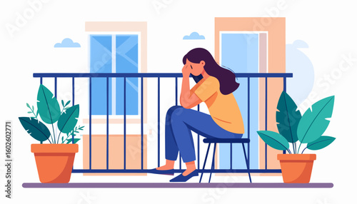 Sad woman with long dark hair sitting on a stool on a balcony, holding her head in despair.