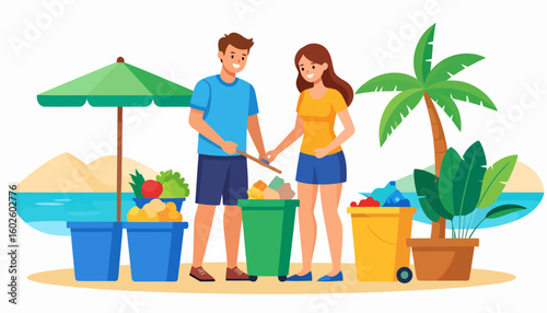 Happy young couple volunteering for a beach cleanup, sorting trash into a green bin together.