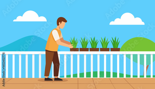 Faceless man in a yellow vest and brown pants arranging potted green plants on a white balcony railing.