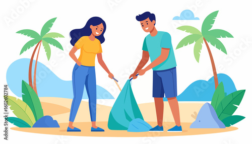 Smiling young man and woman in casual clothes cleaning up trash on a beach with tongs and a garbage bag.