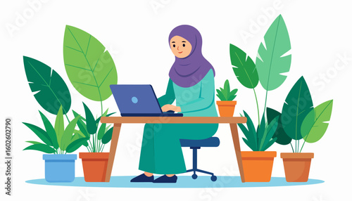 Smiling Muslim woman in a purple hijab working on a laptop at a desk, surrounded by lush green potted plants.