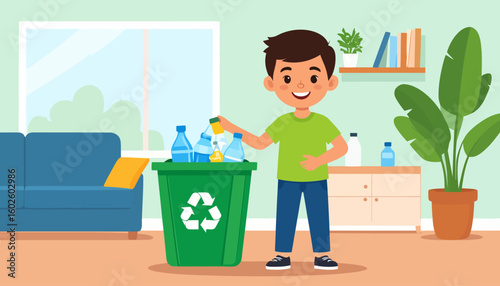 Smiling young boy in a green shirt recycling plastic bottles into a green bin.