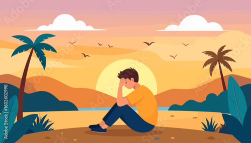 Despondent young man in a yellow shirt and blue pants, sitting with his head in his hand, looking down in sadness.