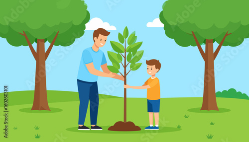 Smiling father and son planting a young green sapling together. A family activity focused on nature and care.