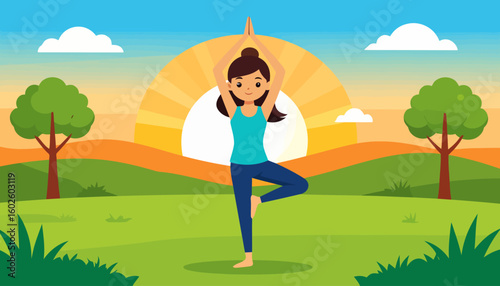 Cartoon woman with a brown hair bun in a balanced yoga Tree Pose, wearing a teal top and blue leggings.