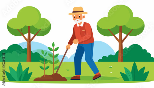 Elderly man with a white beard and straw hat planting a young tree sapling in a green park.