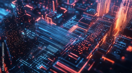 Abstract Cyber Network Grid with Flowing Business Graph Waves and Digital Connections