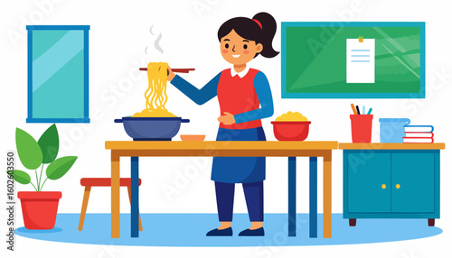 Smiling woman with a ponytail cooking steaming yellow noodles with chopsticks from a blue pot.