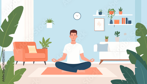 Serene man with closed eyes practicing yoga meditation in a cross-legged pose.