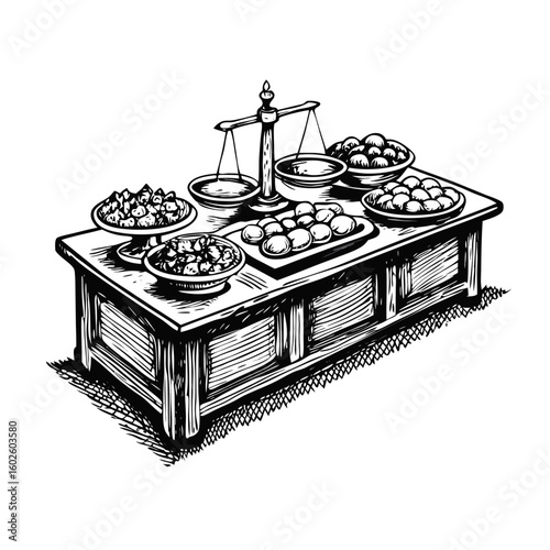 Bar counter with tapas plates illustration shows selection of Spanish appetizers served. Tapas plates with snacks displayed for customers at counter, this illustration captures vibrant bar scene.