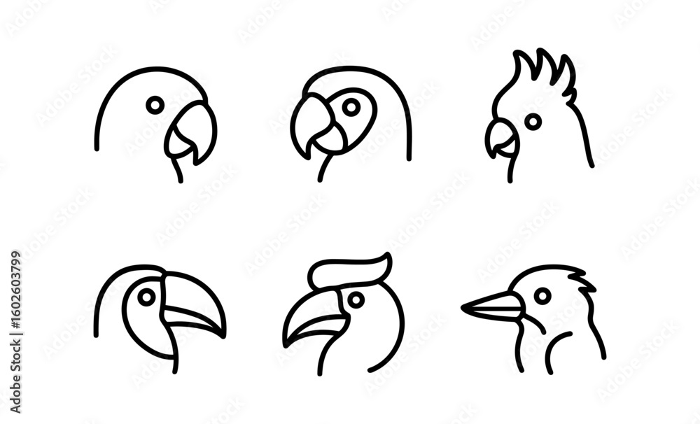 Fototapeta premium Minimalist line art bird heads collection: parrots, toucans, cockatoos