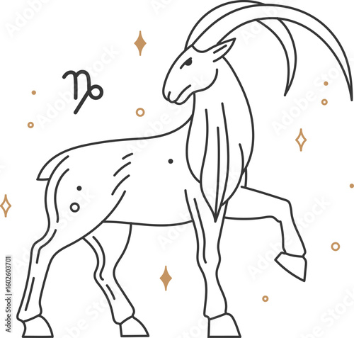 Minimalist line art vector illustration of Capricorn zodiac sign, represented by an ibex walking among golden stars, symbolizing astrology, horoscope, and celestial themes