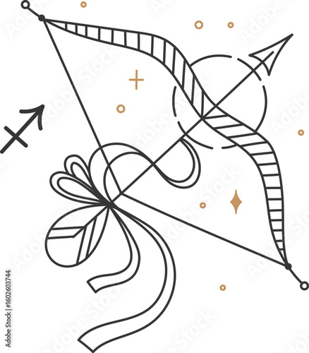 Sagittarius zodiac sign represented by a bow and arrow with decorative ribbons and stars, forming a mystical and elegant design, ideal for astrology enthusiasts and spiritual seekers