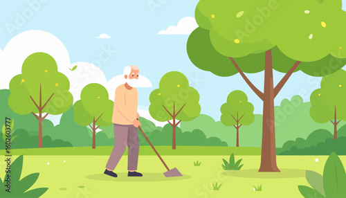 Elderly man with a white beard and hair, wearing a beige sweater, working with a garden hoe.