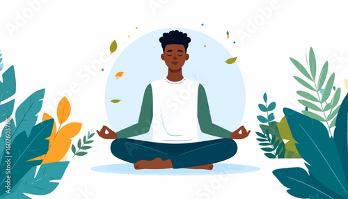A serene young Black man with curly hair meditating in a cross-legged pose, wearing a green and white shirt.