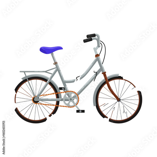 Broken Bicycle with Damaged Frame and Wheels Illustration on White