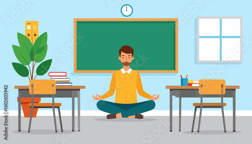 A calm bearded man in a yellow shirt sitting cross-legged in a meditation pose.