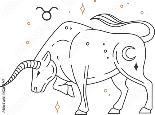 Minimalist line art depicting Taurus, the second astrological sign in the zodiac, associated with the earth element and symbolized by a powerful bull with crescent moon and Taurus symbol