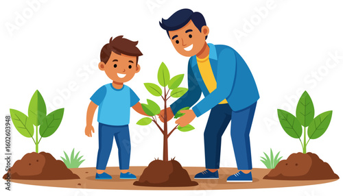 A smiling father and his young son planting a green sapling together in a garden.