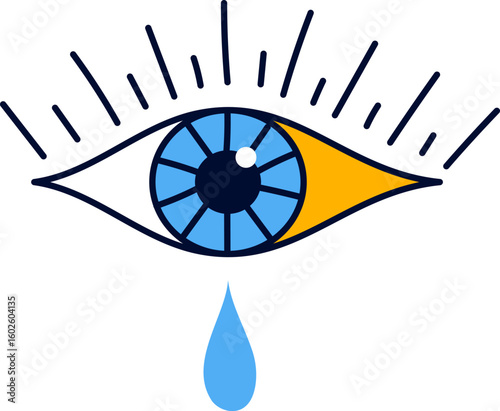 Blue eye shedding a tear, with radiating lashes symbolizing sadness, worry, despair, pain, and grief, creating a poignant visual representation of emotional distress