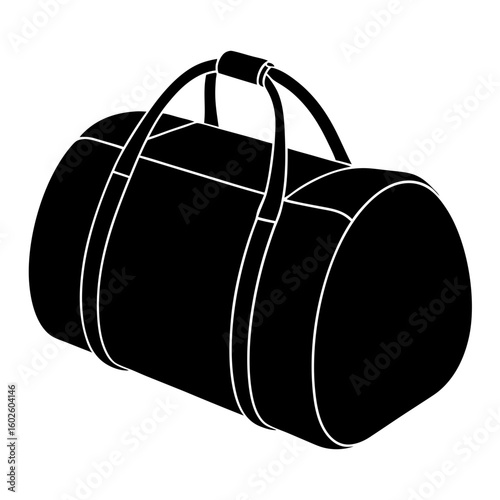 Depicts a black duffel bag in simple form silhouette vector illustration