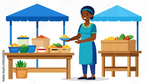Smiling Black woman vendor at a vibrant farmers' market stall with fresh produce.