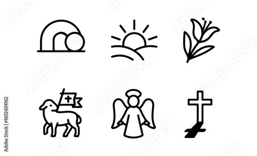 Minimalist easter icon set: resurrection, cross, lamb, angel, flower