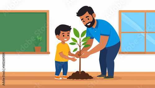A bearded father and his young son smiling while planting a green tree sapling together.