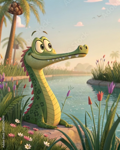 A cheerful gharial basking by a riverbank.