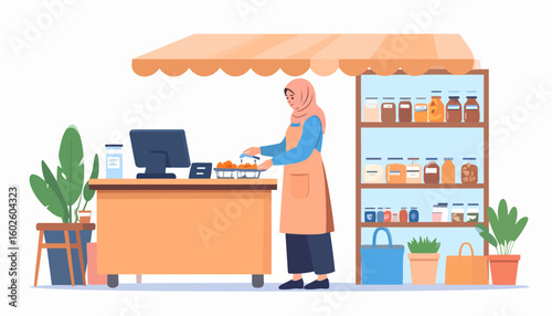 Smiling woman in a hijab and apron working as a cashier at a small food market stall.