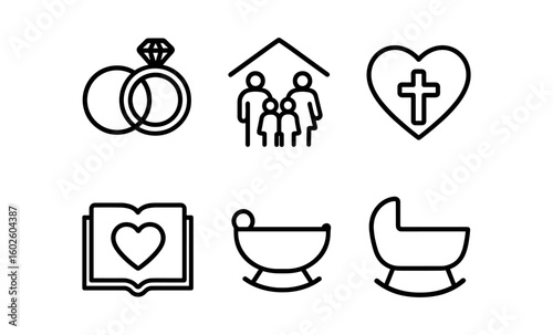 Minimalist family and life icons: marriage, religion, parenthood, and love