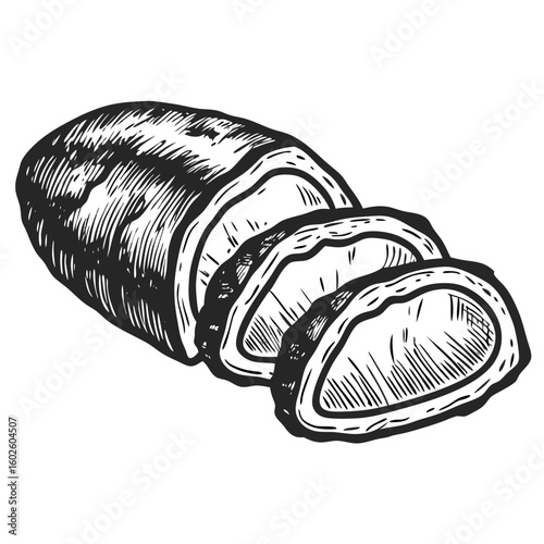 Hand drawn pork cutlet of tonkatsu, delicious asian dish on white background. Pork cutlet includes crispy panko breading, offering traditional comfort food. Perfect pork cutlet for restaurant menus,