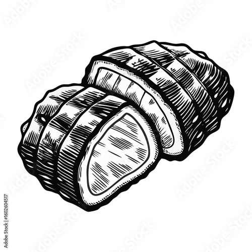 Delicious tonkatsu, Japanese pork cutlet in black and white sketch style. Tonkatsu, juicy and crispy, a savory meal, is drawn with care and detail, enhancing its appeal.