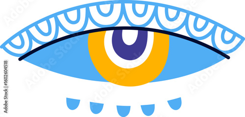 Colorful illustration of a stylized eye with decorative eyelid and drops falling down, representing concepts of protection, spirituality, and folklore