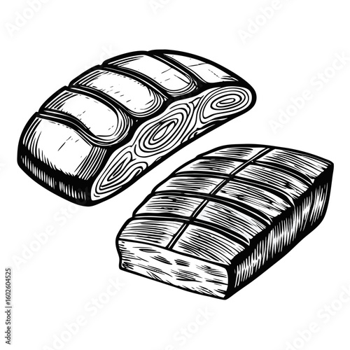 Hand drawn tuna sashimi slices with fresh ingredients and detailed lines. This tuna sashimi is fresh and appealing, perfect as an addition to culinary creations. Enjoy fresh tuna sashimi,