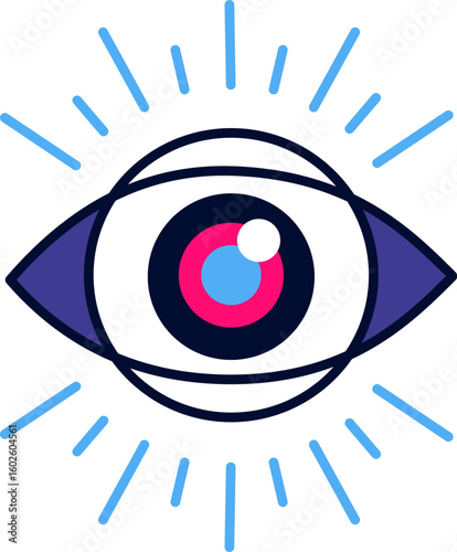 Colorful eye radiating vibrant light beams symbolizes vision, perception, and spiritual insight, offering a captivating visual representation of awareness and enlightenment