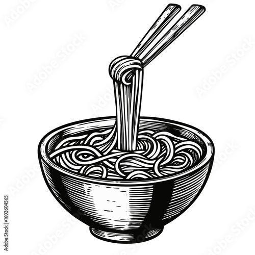 Udon noodles in broth served in traditional bowl with wooden chopsticks lifting noodles. Comforting udon noodles in broth provide warmth and satisfaction, bringing back memories of Japanese cuisine.