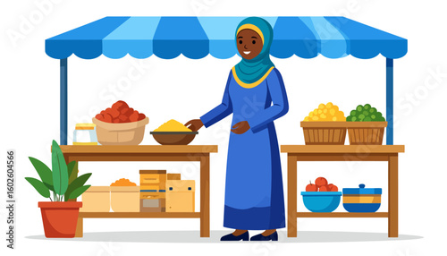 Smiling Muslim woman in a blue hijab and dress selling spices at a vibrant outdoor market stall.