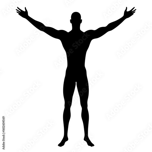 Standing man raising arms up black silhouette vector illustration
