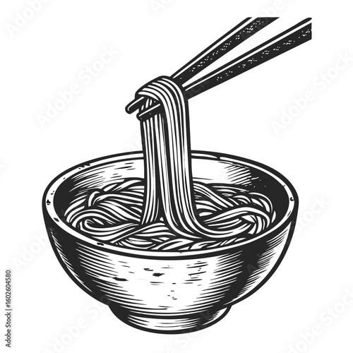 Delicious udon noodles in broth served in a bowl with chopsticks. Udon noodles in broth, a traditional asian dish, are depicted here in a vintage drawing style,