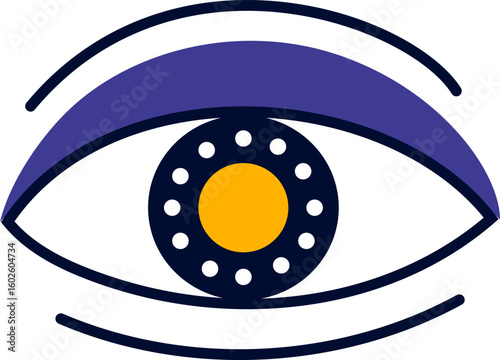 Colorful drawing of an eye featuring a purple eyelid and a richly detailed iris, representing concepts of vision, observation, and heightened awareness in a captivating way