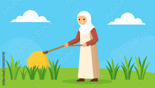 A cheerful Muslim woman wearing a white hijab and long dress, raking yellow hay in a green field.