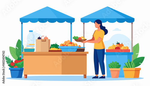 Woman in a yellow shirt shopping for fresh fruit and vegetables at a vibrant outdoor farmers' market.