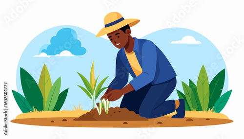 A smiling Black farmer wearing a straw hat kneels to plant a young sprout.