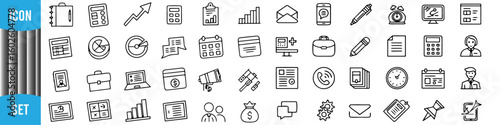 Minimalist Line Icon Set – 50 Business Tools in Monochrome Grid Layout
